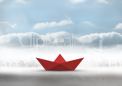 Paper boat in city clouds