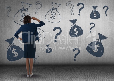 businesswomman in front of money on wall