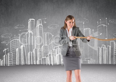 Businesswoman pulling rope in room