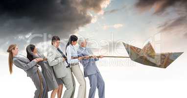 Business people pulling euro money paper boat in sky with rope