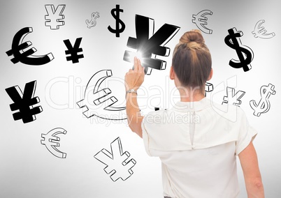 Woman in front of money on wall