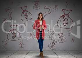 woman in front of money on wall