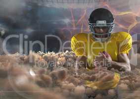 american football player  with fire background