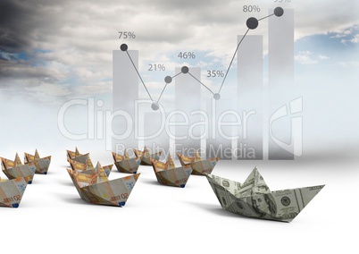 Paper money boats with bar charts