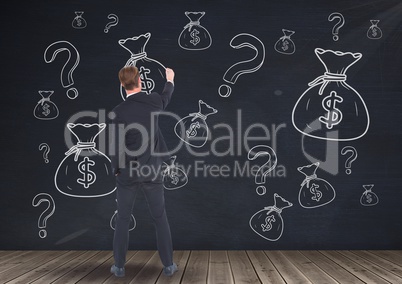 man in front of money on wall