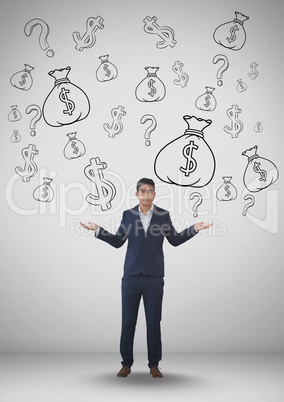 businessman in front of money on wall