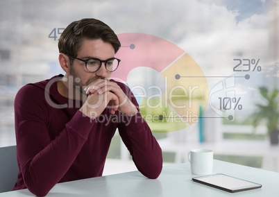Thoughtful man at desk  in office with graph behind him