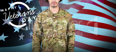 Composite image of portrait of confident soldier standing against white background