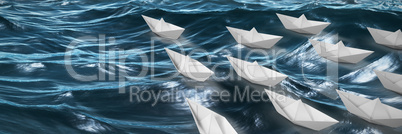 Composite image of high angle view of paper boats arranged
