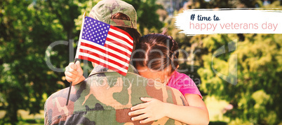 Composite image of army man hugging daughter with american flag