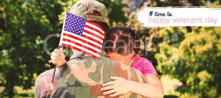 Composite image of army man hugging daughter with american flag