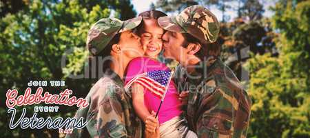 Composite image of army couple kissing daughter