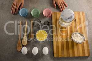 Ingredients arranged on a wooden table