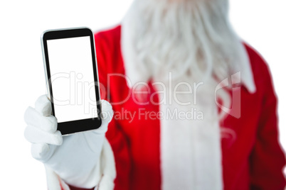 Mid-section of Santa Claus holding mobile phone