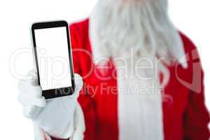 Mid-section of Santa Claus holding mobile phone