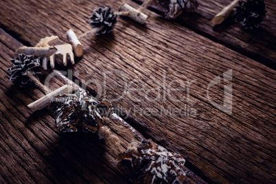 Christmas decorations on wooden plank