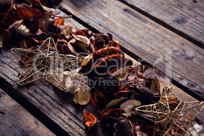 Christmas decorations on wooden plank Christmas decorations on wooden plank