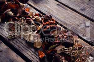 Christmas decorations on wooden plank