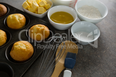 Ingredients arranged on a concrete background