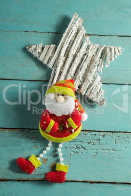 Christmas decorations on wooden plank