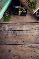 Gift boxes on wooden plank