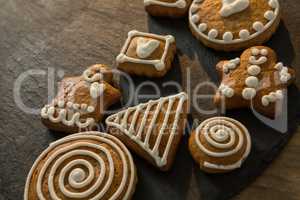 Close up of gingerbread cookies on slate