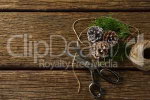 Overhead view of pine cones with scissor and thread spool