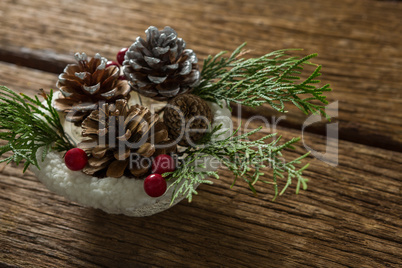 High angle view of pine cones and twigs with cherry in bowl