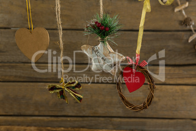 High angle view of Christmas decorations with thread