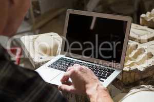 Male potter using laptop in pottery workshop