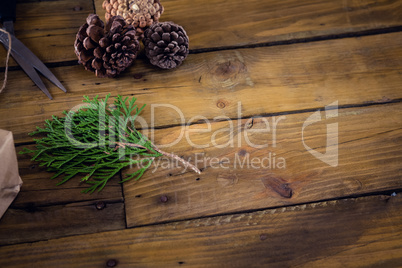 Fir and pine cone on wooden table