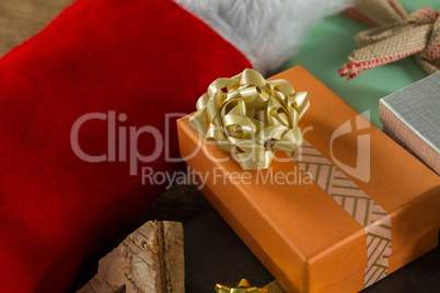 Close up of Christmas presents with stocking