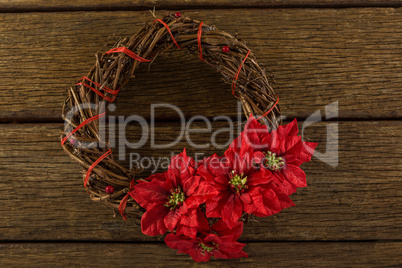 Overhead view of wreath with poinsettia flowers