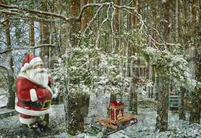 Christmas story: Santa Claus with gifts near the Christmas tree. 3 D rendering.