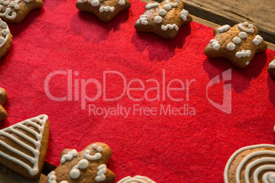 Close up of gingerbread cookies arranged on fabric