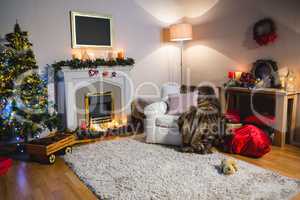 Living room with christmas tree, couch and christmas bag