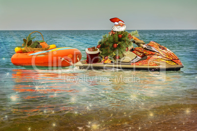 Christmas beach Santa Claus on a water scooter.