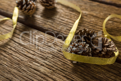High angle view of pine cones with ribbon