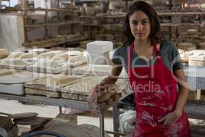 Confident female potter standing in pottery workshop