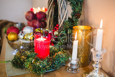 Christmas decoration on wooden table at home