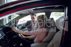 Salesperson assisting woman sitting in car