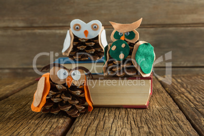 Owl decorated with pine cone and book stack on wooden table
