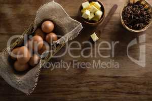 Various ingredients on a wooden table