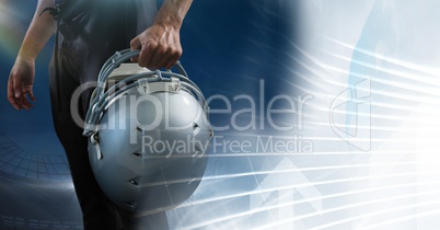 American football player holding helmet with lines transition