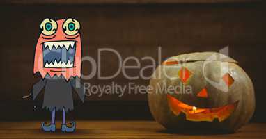 Monster cartoon standing next to halloween pumpkin