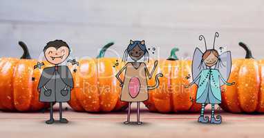 Cartoon Children in halloween costumes in front of halloween pumpkins