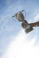 Hand holding a trophy against sky and cloud