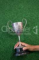 Hand holding a trophy on artificial grass
