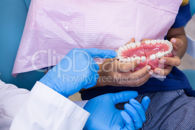 Cropped image of dentist showing dentures to boy