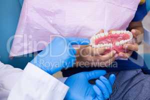 Cropped image of dentist showing dentures to boy